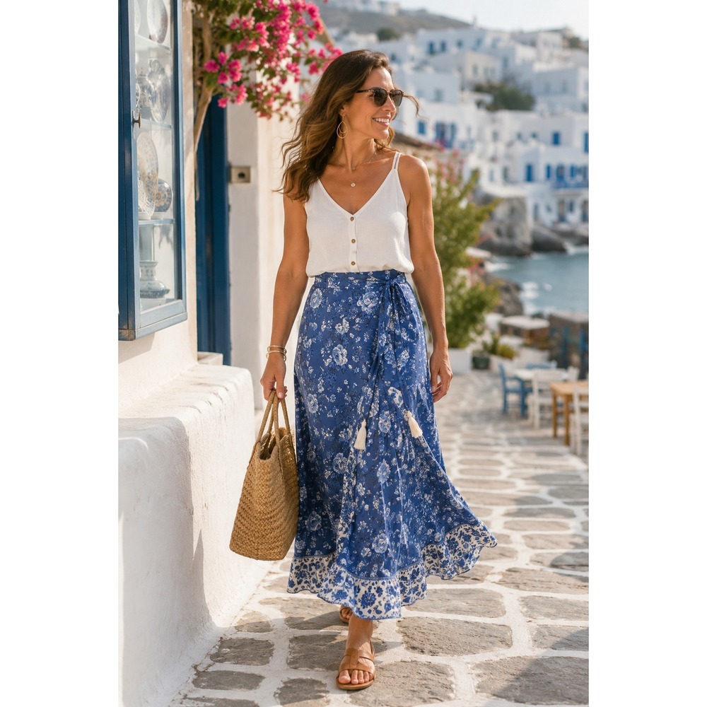Simplee‎ Blue Floral Wrap Maxi Skirt Tassel Tie Boho Cottagecore Size S - Picture 2 of 11